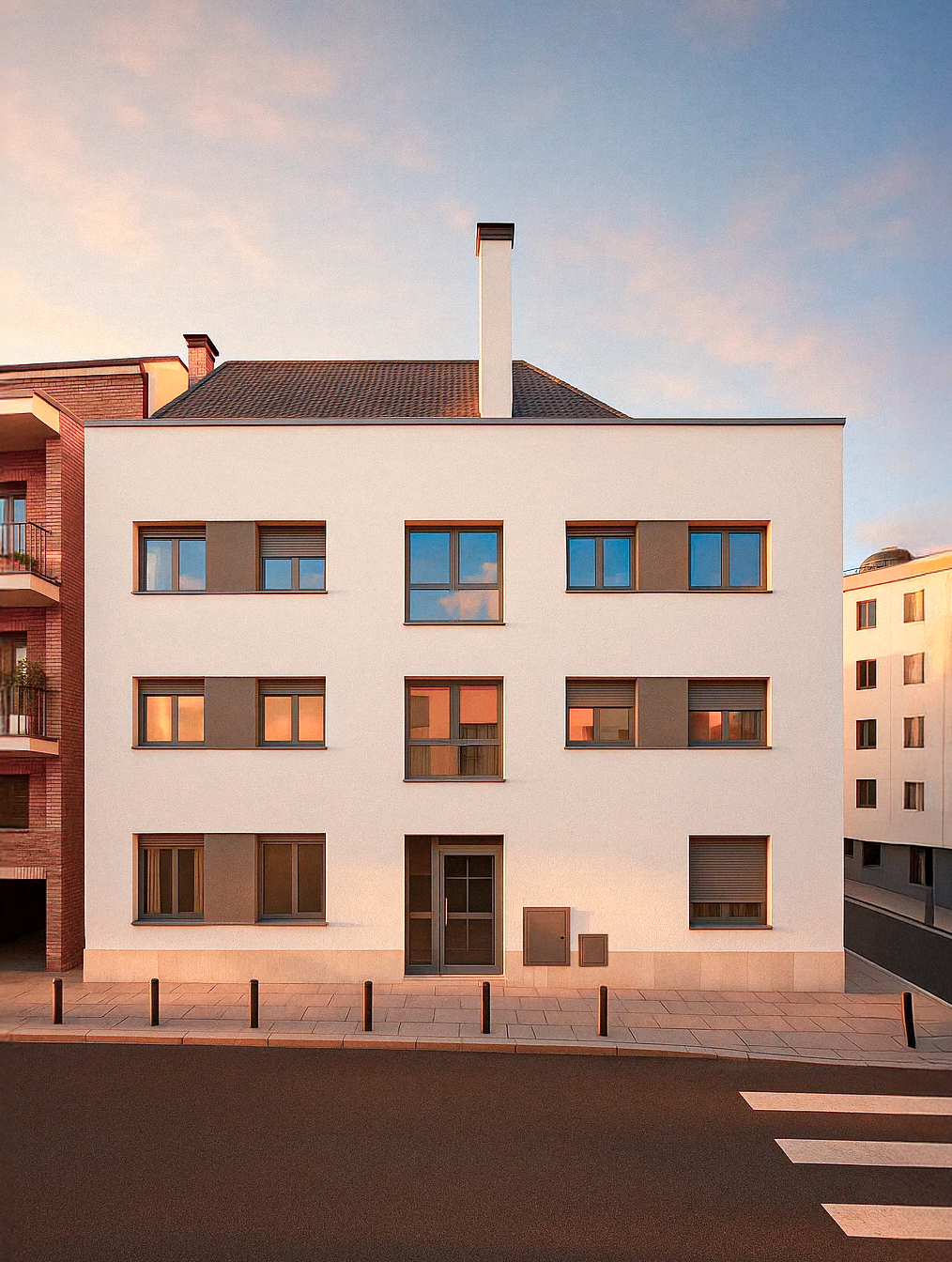 Fachada exterior del edificio Arroyo al atardecer