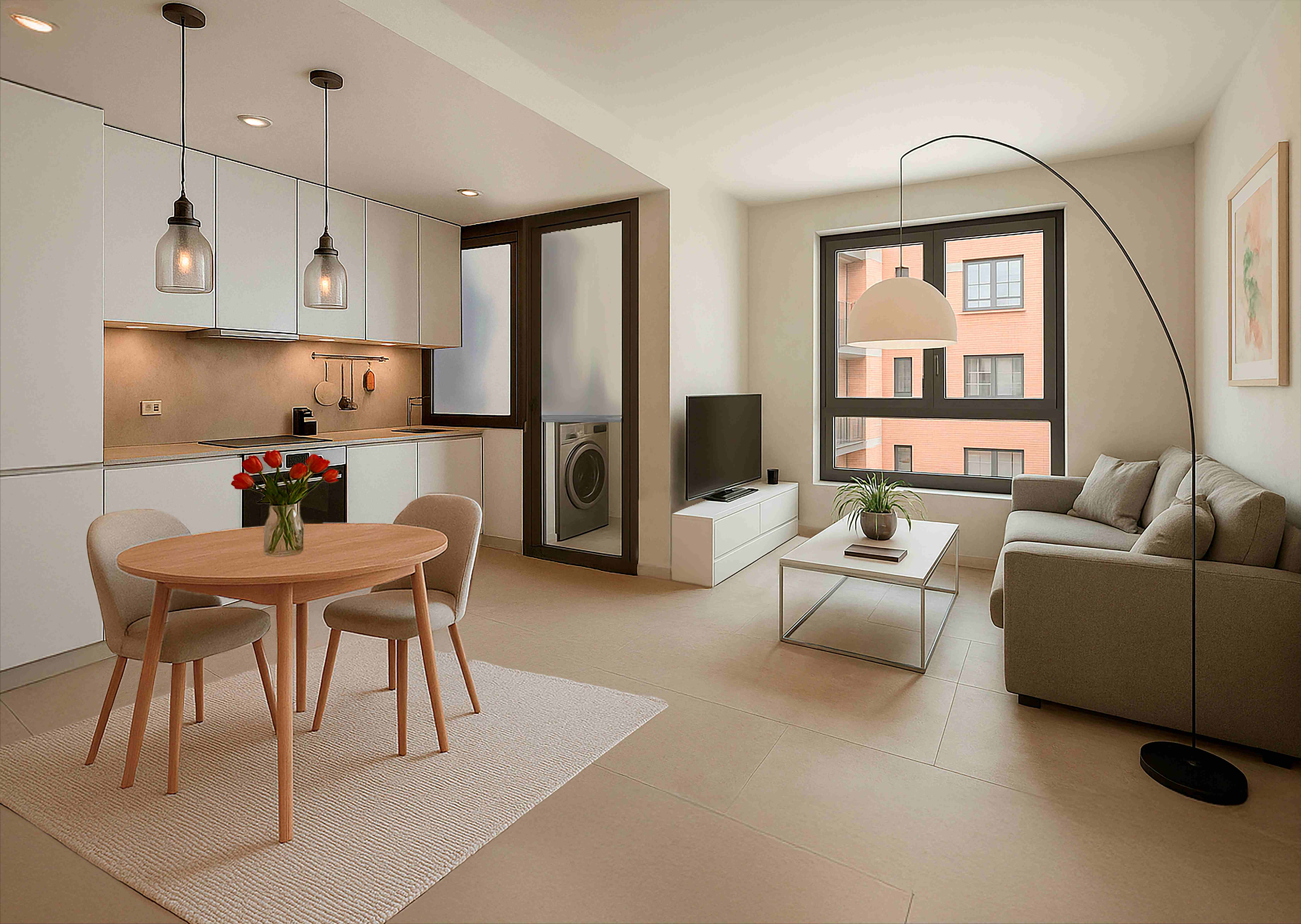 Interior moderno de vivienda Arroyo con cocina abierta, comedor y sala de estar