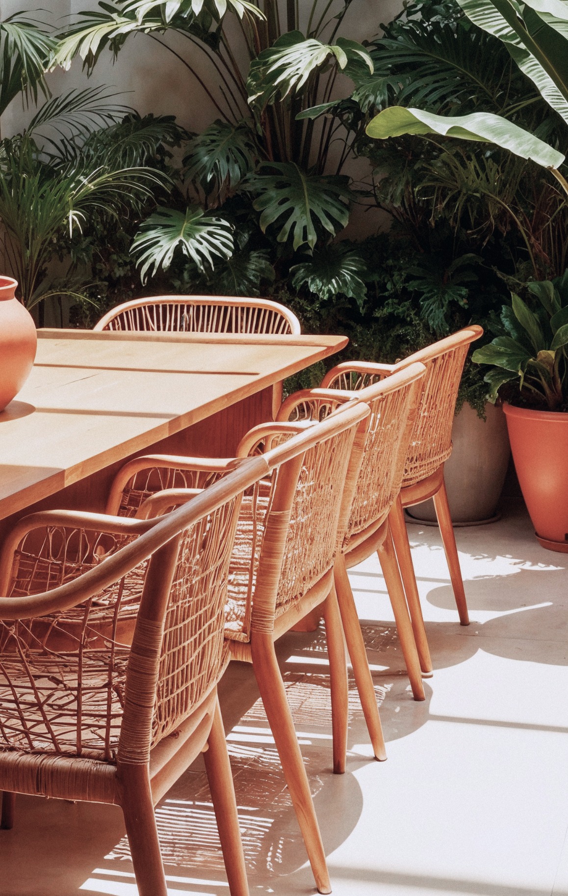 Comedor al aire libre con plantas y luz natural