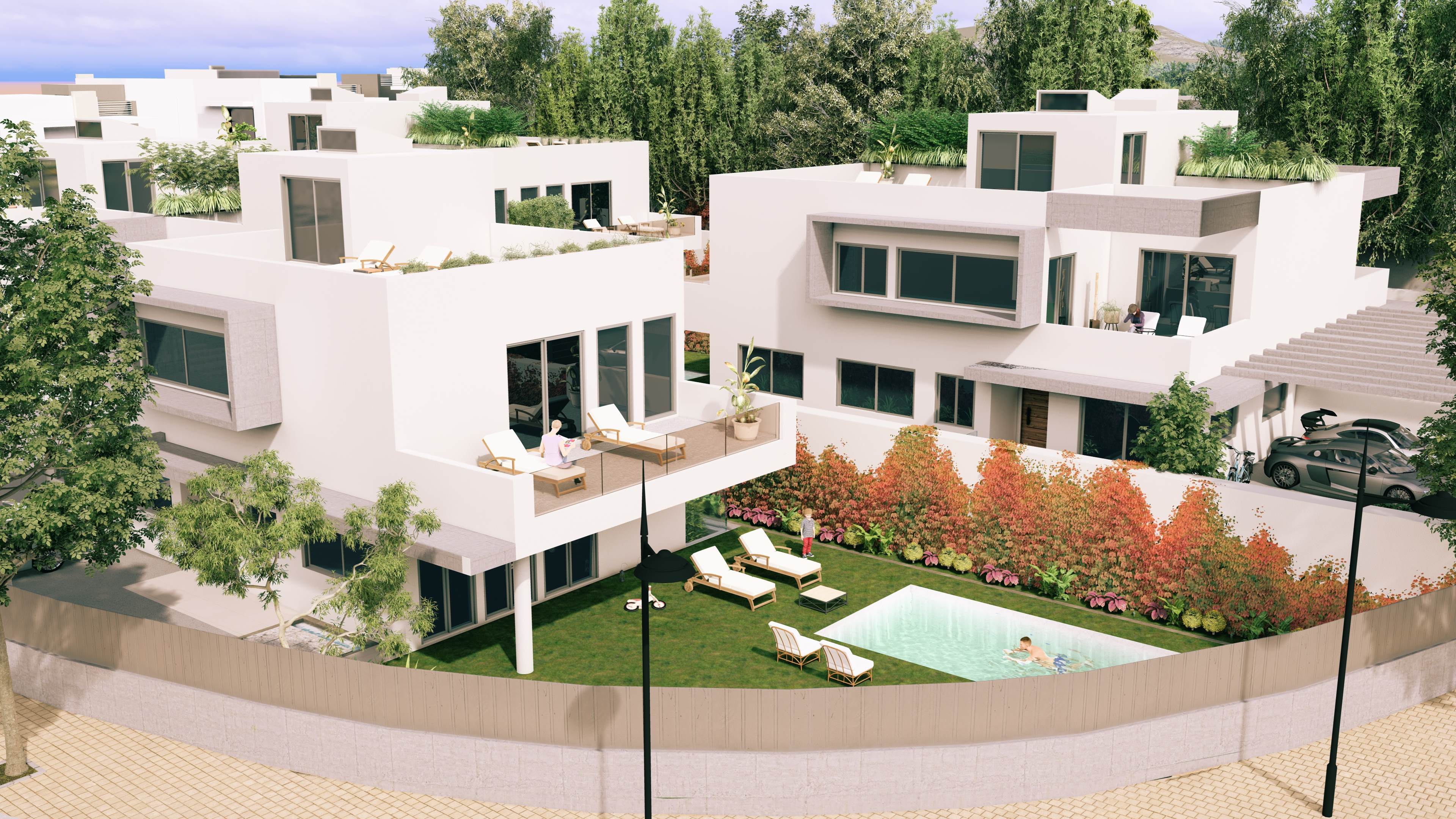 Interior moderno de vivienda Valentia con cocina abierta, comedor y sala de estar