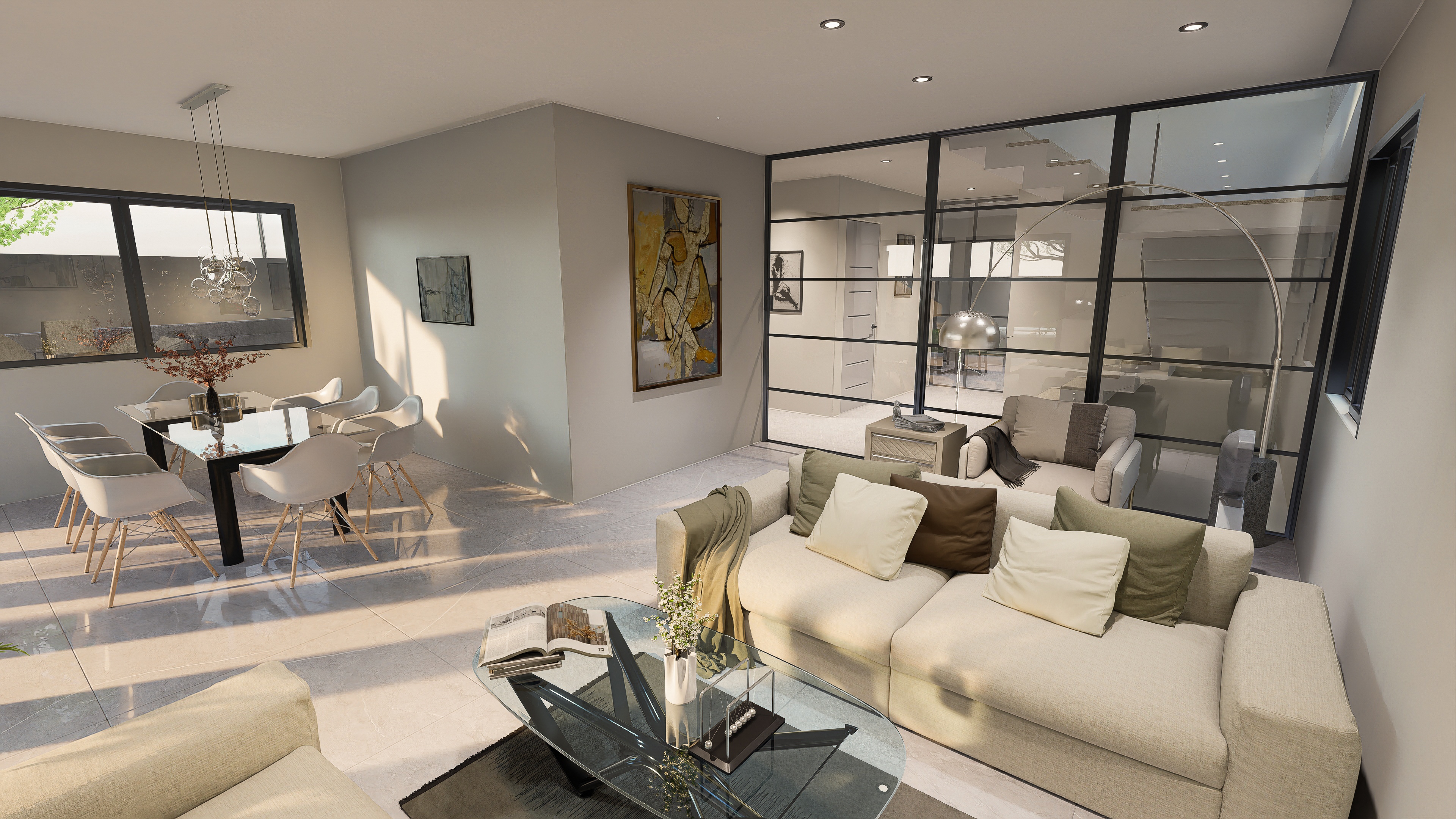 Salón-comedor moderno de Valentia con espacios abiertos, grandes ventanales y diseño contemporáneo