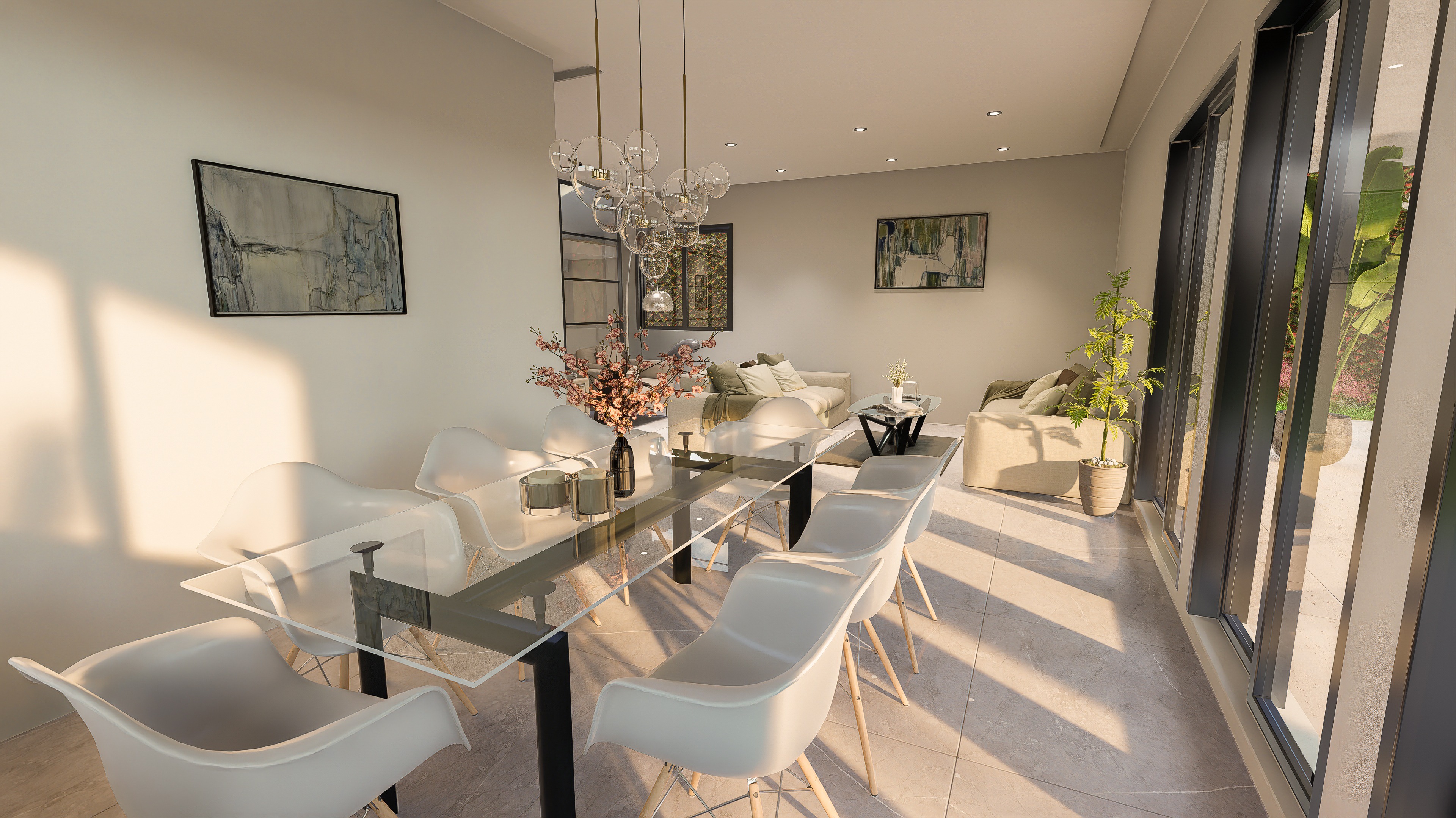 Vista aérea de la promoción Valentia mostrando los chalets pareados con jardines y piscinas privadas