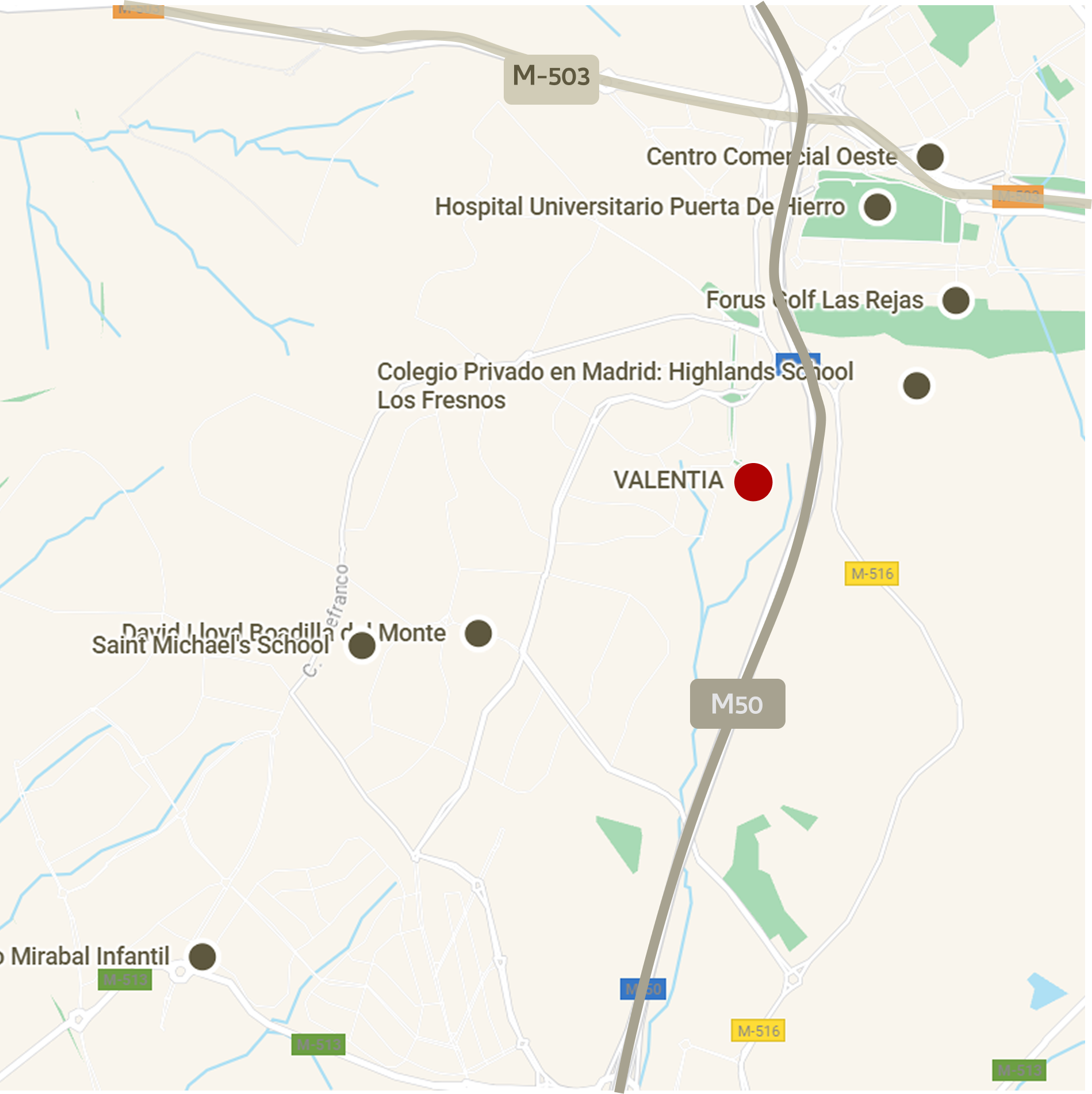 Mapa de ubicación de Valentia mostrando proximidad a colegios internacionales, hospitales, centros comerciales y clubs deportivos