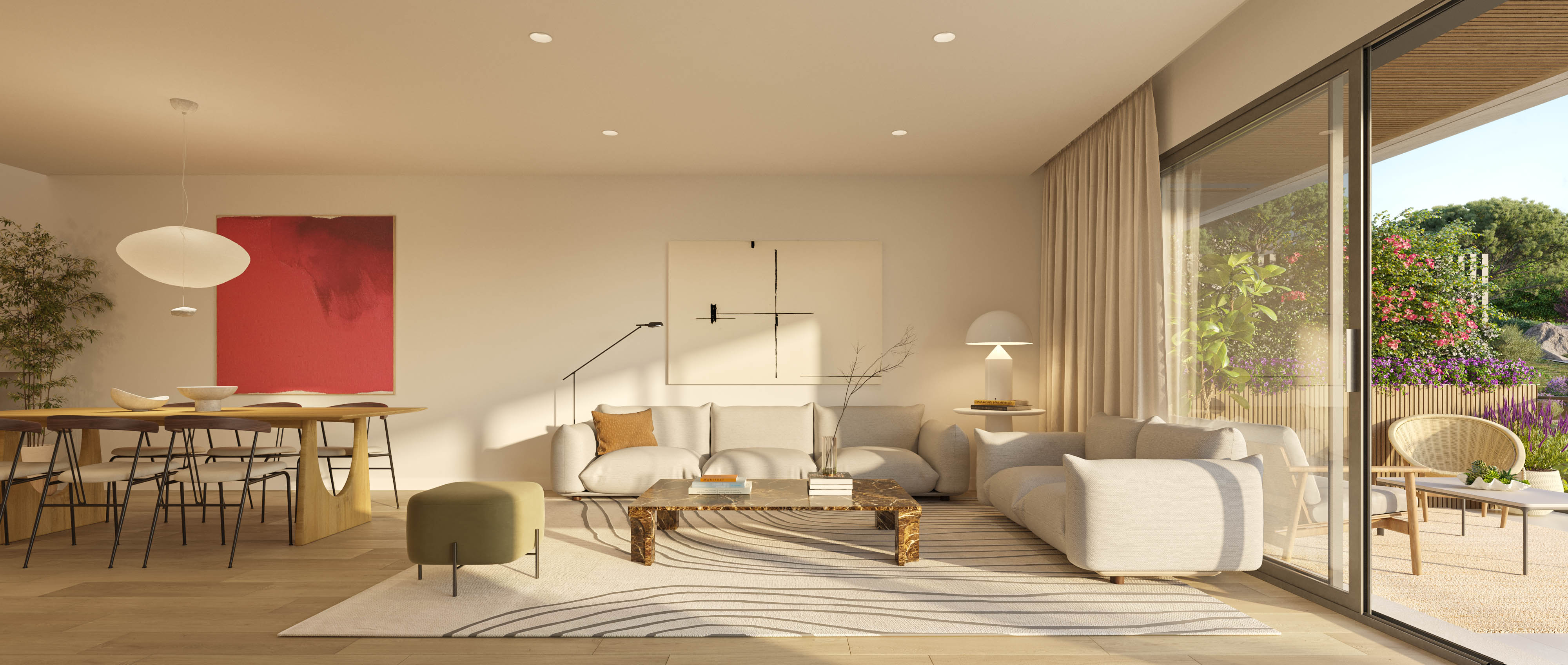 Salón comedor moderno con cocina abierta y acceso a terraza en Natura Torrelodones