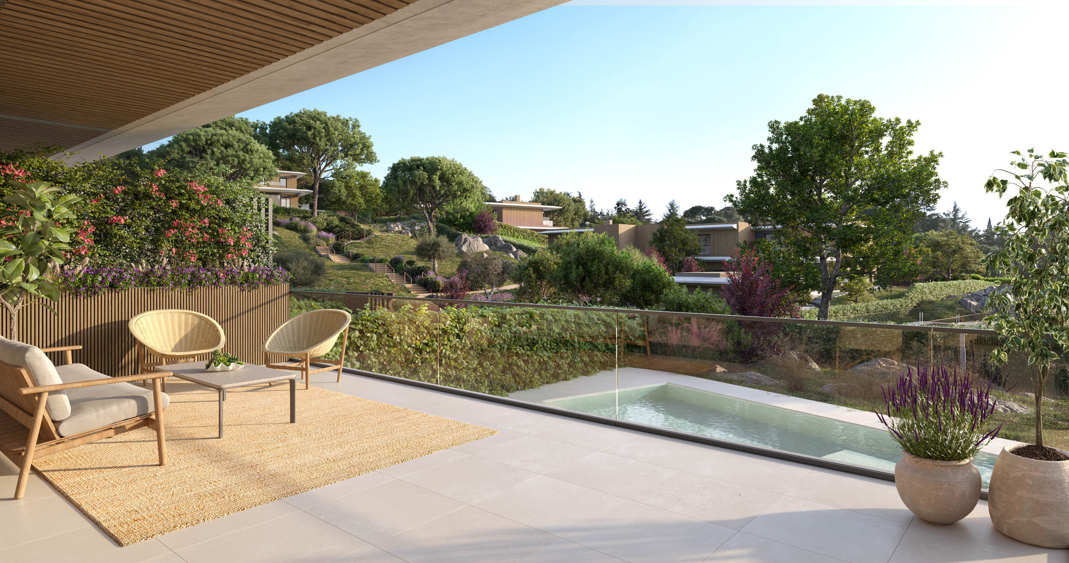 Terraza privada con vistas a la piscina y paisaje natural de Torrelodones