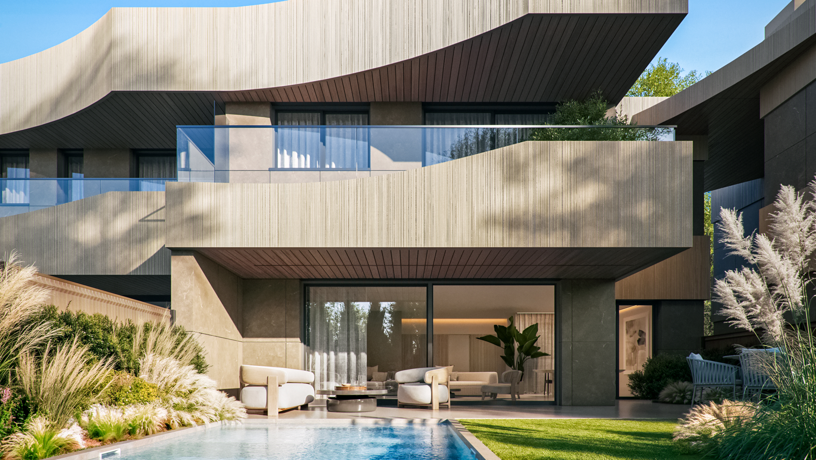 Exterior de vivienda Mirage con piscina privada, terraza y jardín